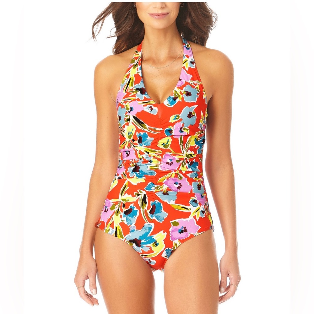 Anne Cole Halter One-Piece Swimsuit Floral-Print Shirred Size 8 NWT